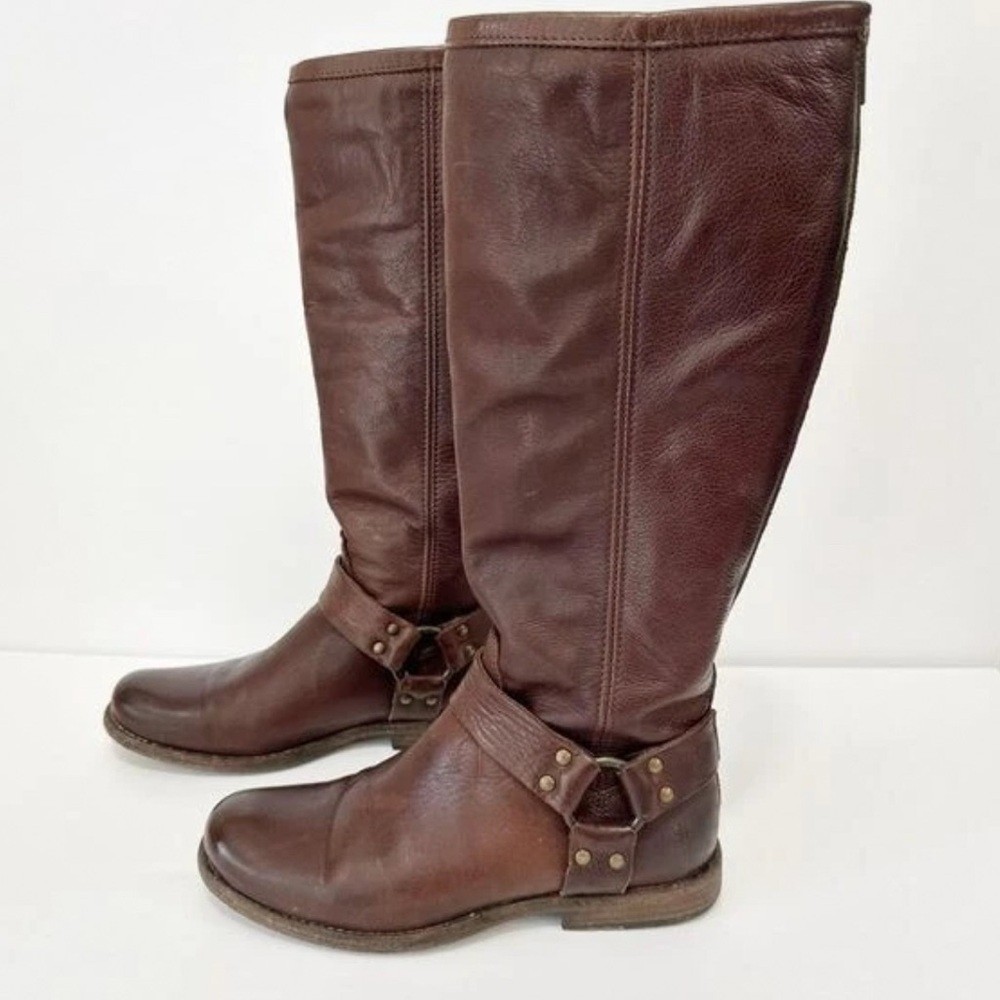Frye Brown Leather Knee-High Harness Boots Size 6 1/2 B Western Boho Equestrian